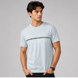 BOSS Men's Light Blue Premium Cotton Graphic T-Shirt – Regular Fit | Short Sleeve Crew Neck